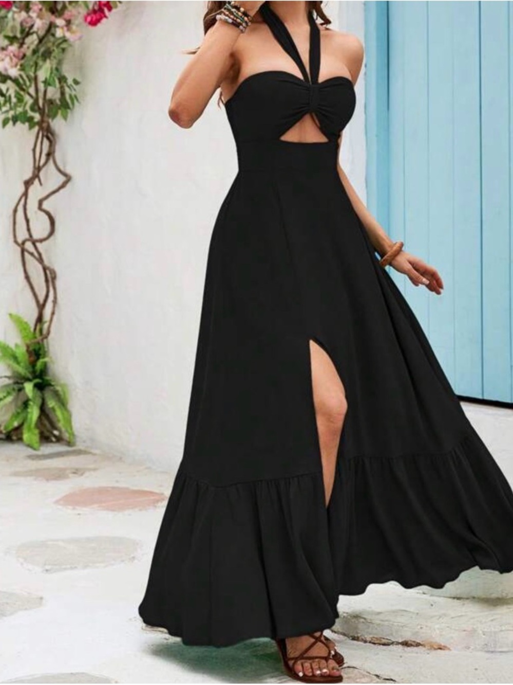 Black Halter Maxi Dress with Front Slit